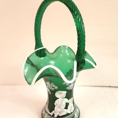 Lot #126 Fenton Art Glass Emerald Green Mary Gregory Style Basket