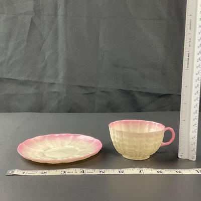 -128- BELLEEK | Teacup & Saucer | Tridacna Shell Pink Pattern | 2nd Mark