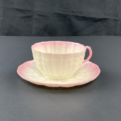 -128- BELLEEK | Teacup & Saucer | Tridacna Shell Pink Pattern | 2nd Mark