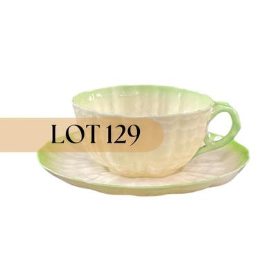 -129- BELLEEK | Teacup & Saucer | Tridacna Shell green Pattern | 2nd Mark