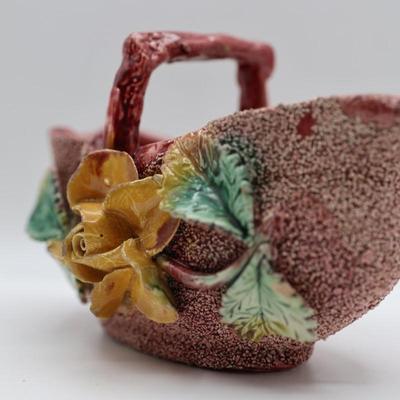 Vintage Sugar Glaze Floral Pottery Basket