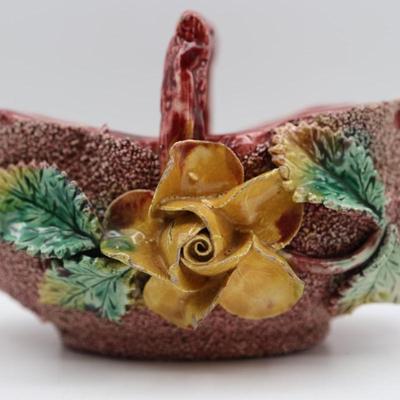 Vintage Sugar Glaze Floral Pottery Basket