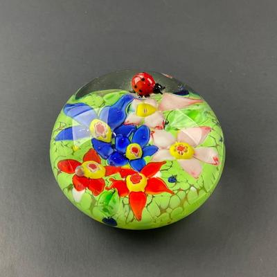 -132- PAPERWEIGHT | Colorful Art Glass Paperweight With Lady Bug
