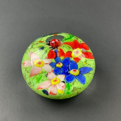 -132- PAPERWEIGHT | Colorful Art Glass Paperweight With Lady Bug
