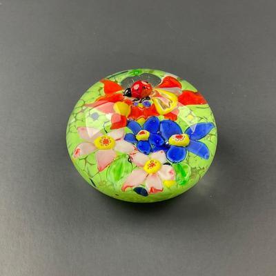 -132- PAPERWEIGHT | Colorful Art Glass Paperweight With Lady Bug