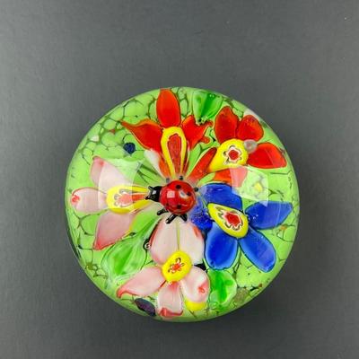 -132- PAPERWEIGHT | Colorful Art Glass Paperweight With Lady Bug