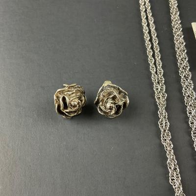 -134- SILVER | Sterling Silver Rose Earrings & Pendant | Marked