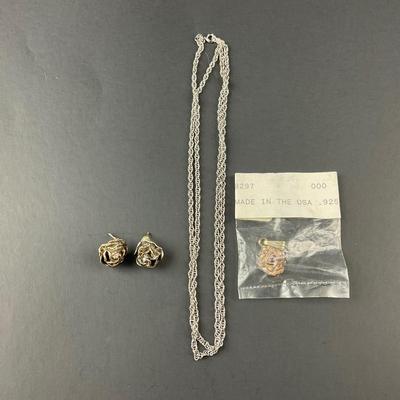 -134- SILVER | Sterling Silver Rose Earrings & Pendant | Marked