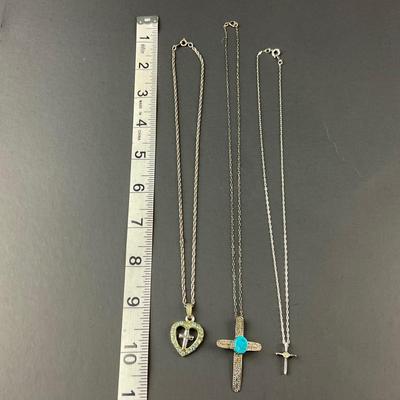 -136- COSTUME JEWELRY | Three Cross Necklaces One Is Sterling Silver | Marked