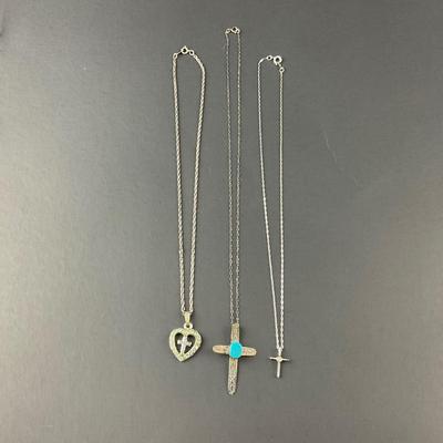-136- COSTUME JEWELRY | Three Cross Necklaces One Is Sterling Silver | Marked
