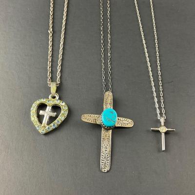 -136- COSTUME JEWELRY | Three Cross Necklaces One Is Sterling Silver | Marked