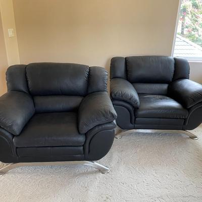 Pair Of Black Leather Arm Chairs