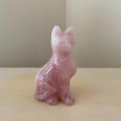 Natural Rose Quartz Carved Crystal Cat Figurine
