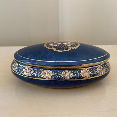 Blue and White Porcelain Oval Box with lid featuring Gold Trim and Enameled Floral Motif