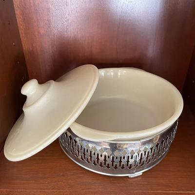 Vintage Fire-King 1 1/2 Qt Glass Casserole Dish with lid and Aluminum Stand