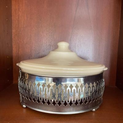 Vintage Fire-King 1 1/2 Qt Glass Casserole Dish with lid and Aluminum Stand