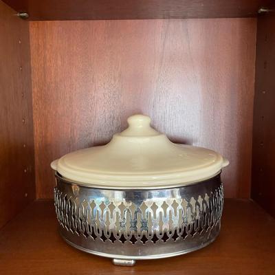 Vintage Fire-King 1 1/2 Qt Glass Casserole Dish with lid and Aluminum Stand
