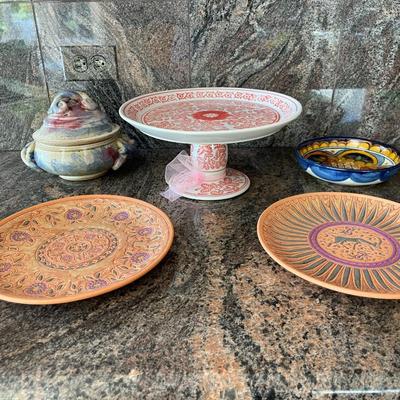 Lot of Vintage, Hand made and Painted Plates, Bowls and Cake Stand
