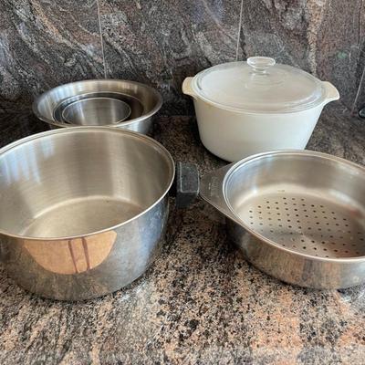 Assorted Stainless Steel mixing Bowls and Casserole dish, Stainer and pot