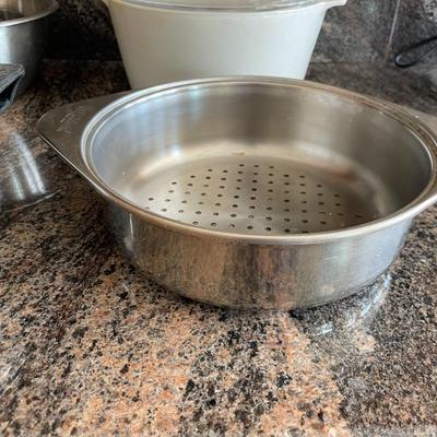 Assorted Stainless Steel mixing Bowls and Casserole dish, Stainer and pot