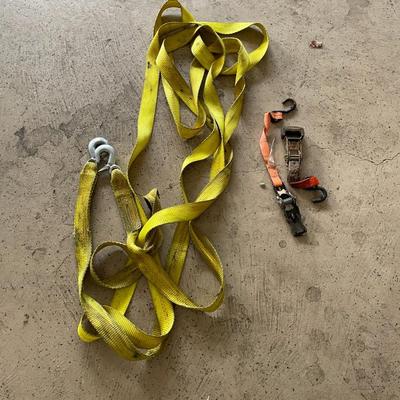 Large Yellow Ratchet Strap with Hook and Set of Two Orange Hook Ratchet End Cargo Straps