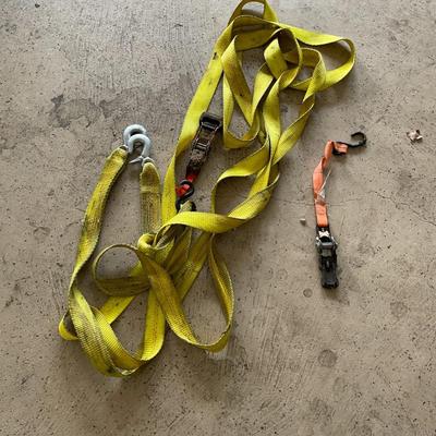 Large Yellow Ratchet Strap with Hook and Set of Two Orange Hook Ratchet End Cargo Straps