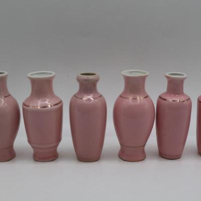 Six (6) Hand Painted Mini Pale Pink Vases