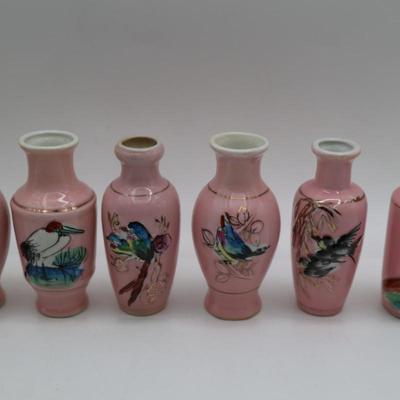 Six (6) Hand Painted Mini Pale Pink Vases