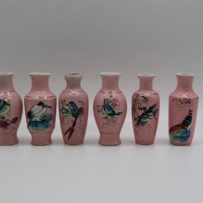 Six (6) Hand Painted Mini Pale Pink Vases