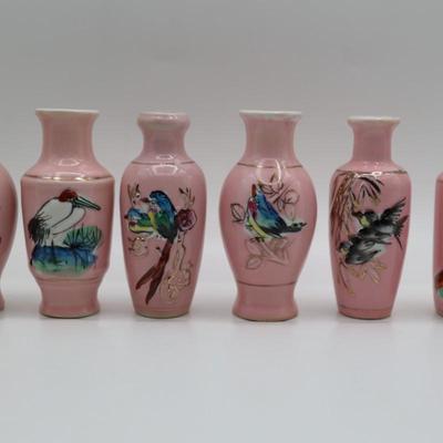 Six (6) Hand Painted Mini Pale Pink Vases