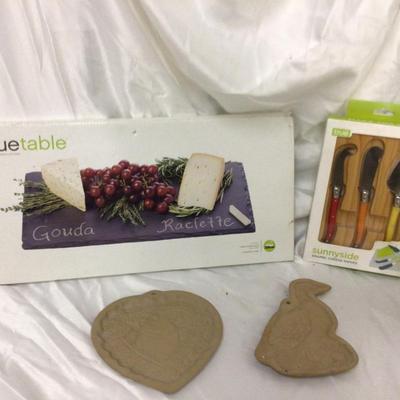 Two Cookie Molds, NIB Slate Cutting Board, Set of Four NIB Cheese Knives