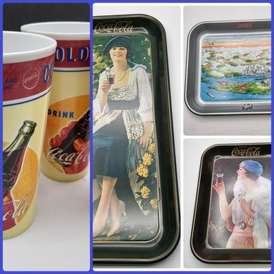 Coca-Cola Tin Trays 1973, Expo 1986 + 4 Tumblers