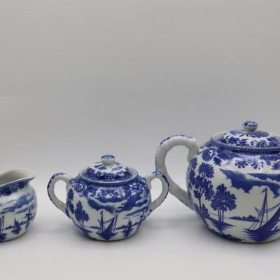 Vintage Ceramic Asian Hand Painted Teapot, Sugar and Creamer