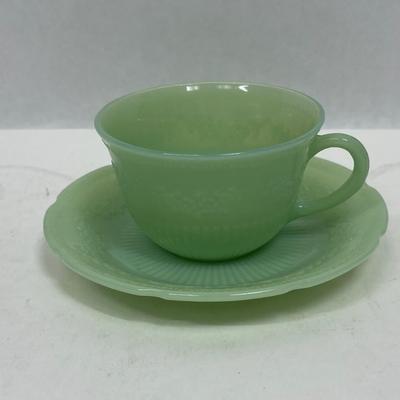 Vintage Anchor Hocking Fire King Jadeite Tea Cup & Saucer Green Glass ALICE Pattern Florals n Ridges