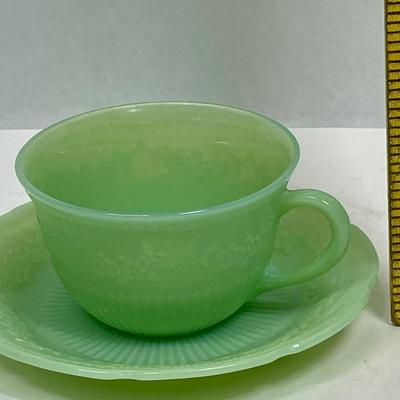 Vintage Anchor Hocking Fire King Jadeite Tea Cup & Saucer Green Glass ALICE Pattern Florals n Ridges