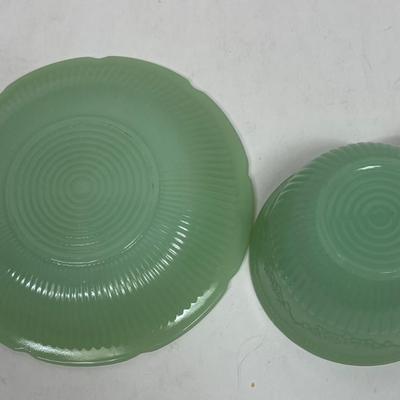 Vintage Anchor Hocking Fire King Jadeite Tea Cup & Saucer Green Glass ALICE Pattern Florals n Ridges