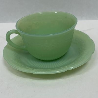 Vintage Anchor Hocking Fire King Jadeite Tea Cup & Saucer Green Glass ALICE Pattern Florals n Ridges