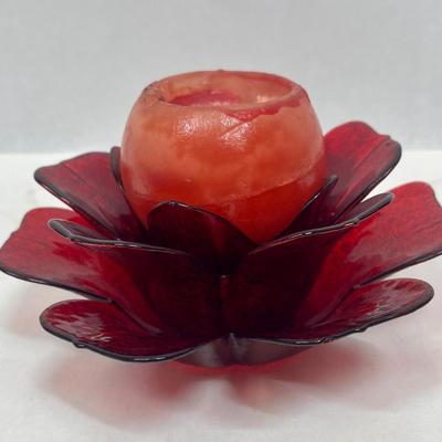 Red Glass Flower Candle Holder w/Candle