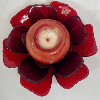 Red Glass Flower Candle Holder w/Candle