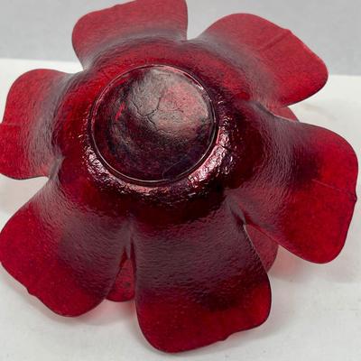 Red Glass Flower Candle Holder w/Candle
