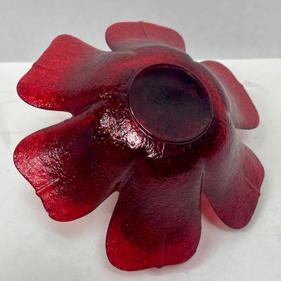 Red Glass Flower Candle Holder w/Candle