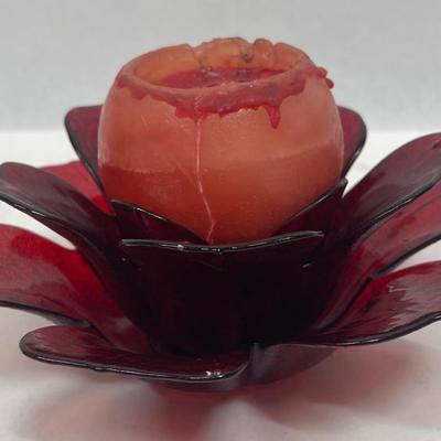 Red Glass Flower Candle Holder w/Candle