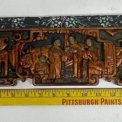 Carved Wood Panel Asian Chinese Antique Scholars