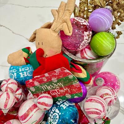 FUN cute Christmas decor. Christmas ornaments, stuffed reindeer