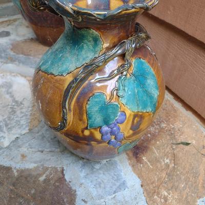 Hand Thrown Pottery Vase Grape Vine Theme Signed by Artist
