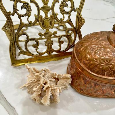 Brass Stand, Copper Box and Coral