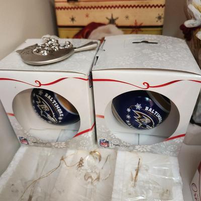Lot of Christmas Tree ornaments and Decor Baltimore Ravens , Metal Card holder Deer