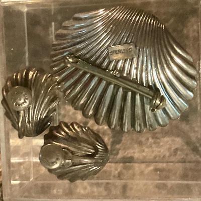 Sterling screw on earrings and broach, shell with oyster motif