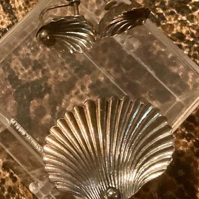 Sterling screw on earrings and broach, shell with oyster motif