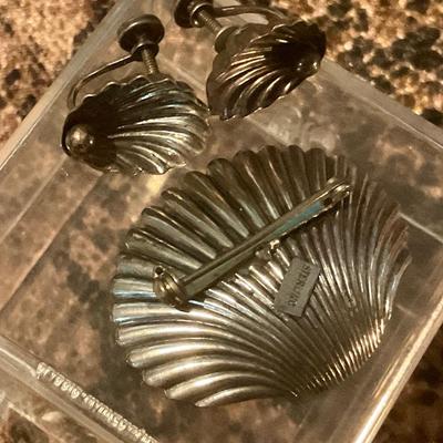 Sterling screw on earrings and broach, shell with oyster motif